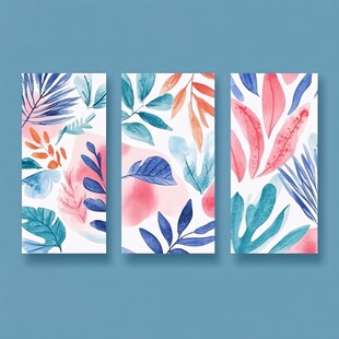 热带植物水彩三联装饰画