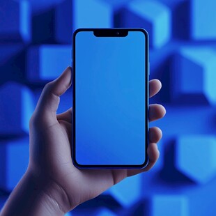 手持蓝色屏幕智能手机