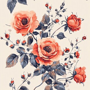 复古风手绘橘色玫瑰花卉图