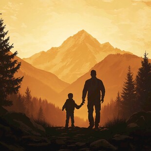 父子山间漫步的温馨时刻