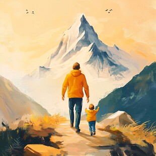 父亲带孩子漫步山间美景