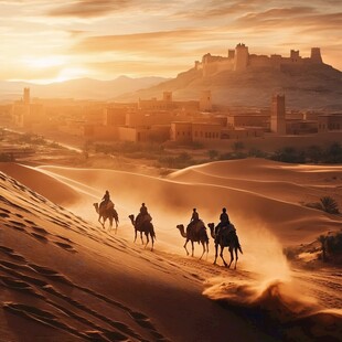 沙漠驼队与落日下的古城