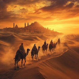 沙漠驼队在黄昏下的远行