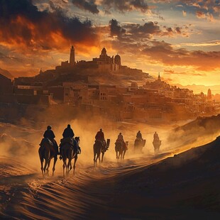 沙漠驼队驶向落日古城