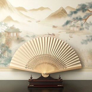 中式折扇置于山水背景前