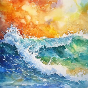 水彩绘就的澎湃海浪景象