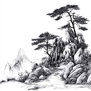 水墨山水间的苍松与幽径