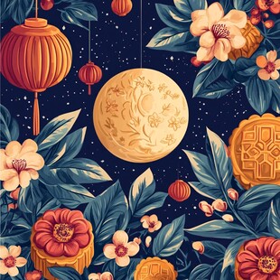 中秋月夜花影下的团圆景