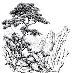 山间孤松小径黑白写意画