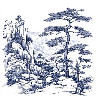 水墨山水松树岩石景致图