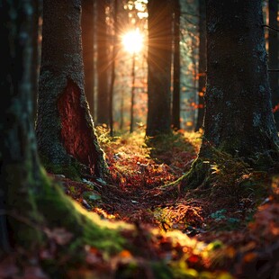 阳光洒落的静谧森林