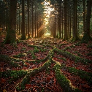 阳光洒落的神秘森林景象
