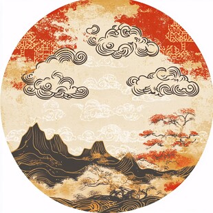 中式古典云纹山水圆形图案
