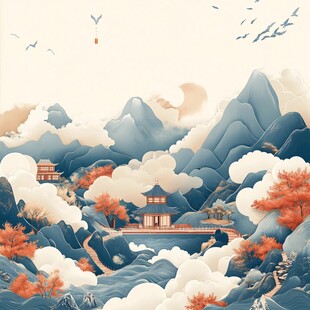 秋日山水间的中式古韵风光