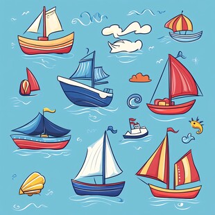 手绘多彩帆船海洋元素图