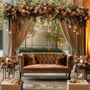 浪漫婚礼布置的沙发花艺区