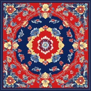 中式复古花卉图案方巾