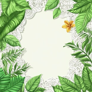 绿叶蕾丝边框花卉背景图