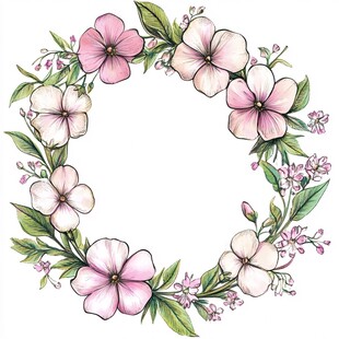 手绘粉色花卉花环图案