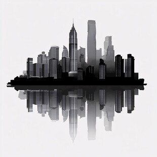 城市天际线剪影与水面倒影