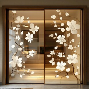 中式花朵图案玻璃推拉门