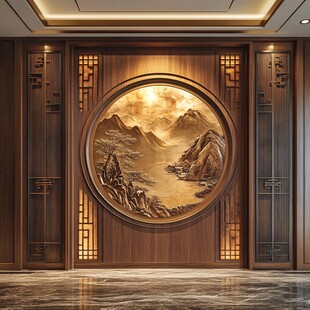 中式木雕山水玄关装饰画