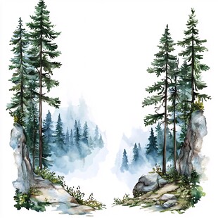 水墨风山林间松景插画