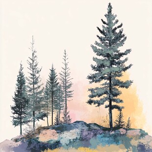 水彩绘就的挺拔松林景观