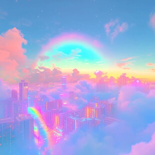 梦幻云端城市与绚丽彩虹