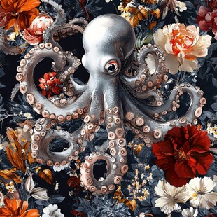 奇幻章鱼与繁花交织图景