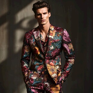 男士身着绚丽花卉图案西装