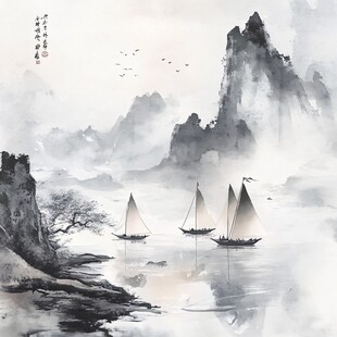 水墨山水间的帆船景致
