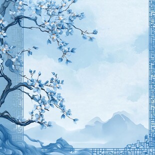 中式蓝调玉兰花山水背景图