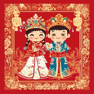 中式新婚卡通形象插画