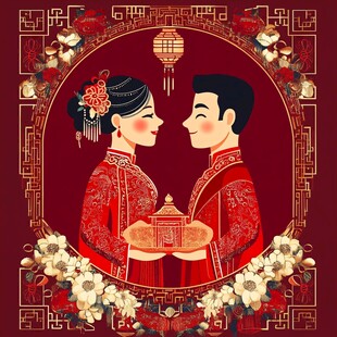 中式婚礼情侣甜蜜相拥