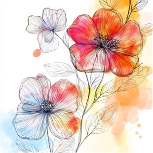 水彩线条绘绚烂花卉