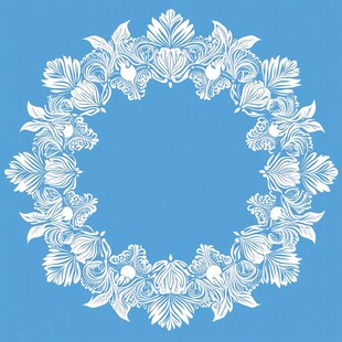 蓝色背景白色花卉圆形花环