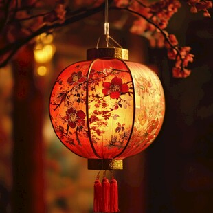 中式红灯笼映繁花美景