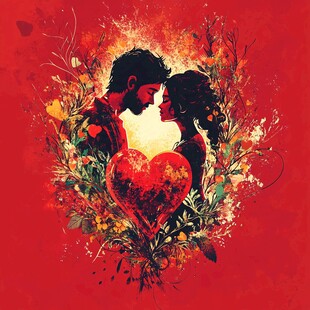 浪漫情侣心型花卉插画