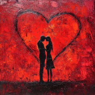 红色心型下的浪漫情侣