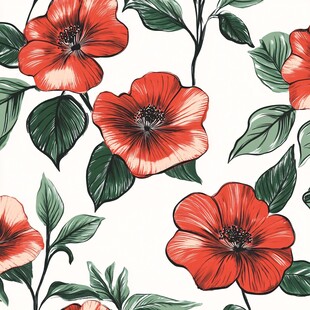 红色花卉绿叶无缝图案