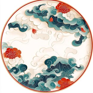 中式圆形海浪花卉装饰图案