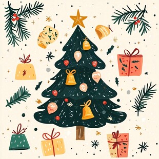 手绘圣诞装饰与礼物插画