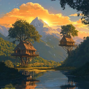 山间树屋畔的黄昏美景