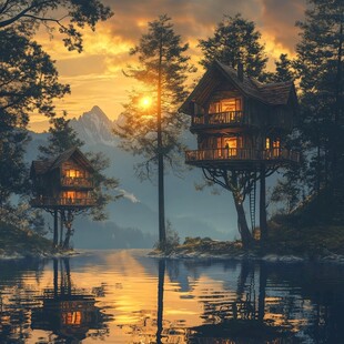 湖畔树屋的梦幻黄昏美景