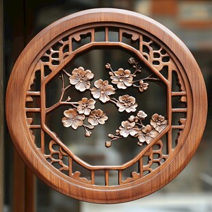 中式木雕梅花圆形窗饰