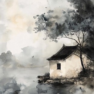 水墨湖畔小屋静谧景致