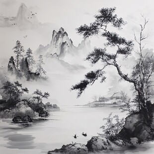 水墨山水图中静谧自然景