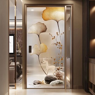 银杏鹿影玄关玻璃门装饰