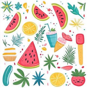 夏日缤纷水果甜点插画